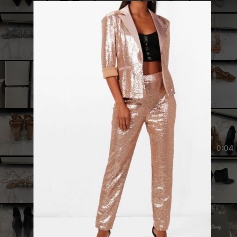 Boohoo Boutique Annie Sequin Tailored Suit Trouser color champagne.